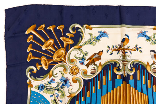 Hermes Silk Scarf Carre 90 "Orgauphone et Autres Mecaniques" Blue Silk Scarf - Image 2