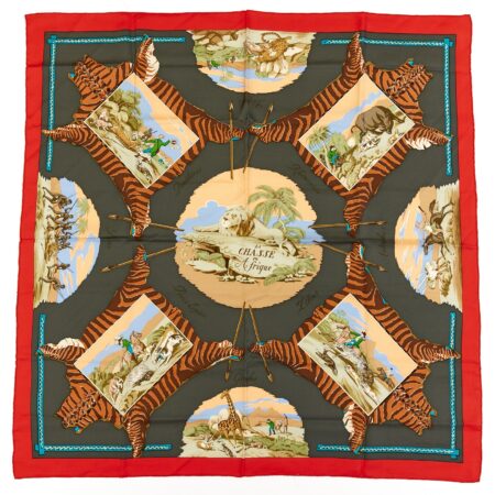 Hermes Silk Scarf Carre 90 "La Chasse en Afrique" Red Silk Scarf