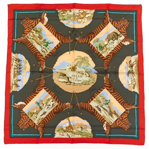 Hermes Silk Scarf Carre 90 "La Chasse en Afrique" Red Silk Scarf