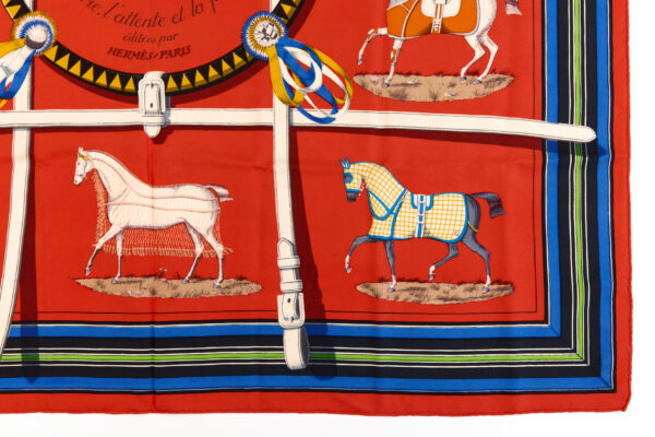 Hermes Silk Scarf Carre 90 "Couvertures et Tenues de Jour" Red Silk Scarf - Image 6