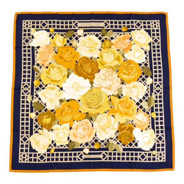 Hermes Silk Scarf Carre 90 "ROSERAIE" Yellow Silk Scarf