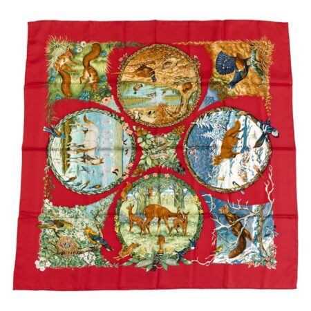 Hermes Silk Scarf Carre 90 "Les Quatre Saisons" Red Silk Scarf