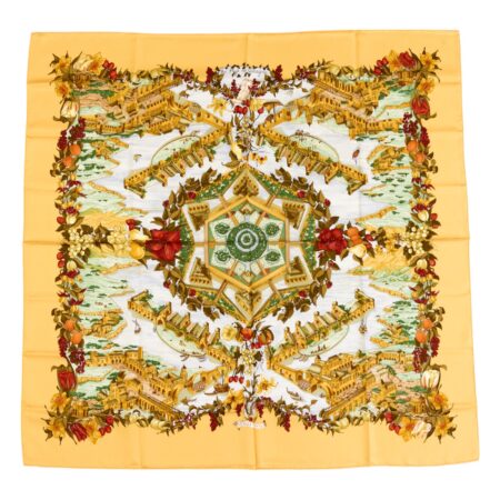 Hermes Silk Scarf Carre 90 "AU PAYS DE COCAGNE" Yellow Silk Scarf
