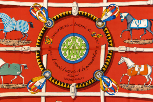 Hermes Silk Scarf Carre 90 "Couvertures et Tenues de Jour" Red Silk Scarf - Image 4