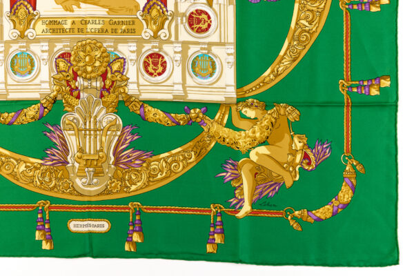 Hermes Silk Scarf Carre 90 "HOMMAGE A CHARLES GARNIER" Green Silk Scarf - Image 6