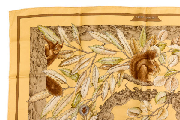 Hermes Silk Scarf Carre 90 "Casse Noisette Squirrel" Yellow Silk Scarf - Image 2