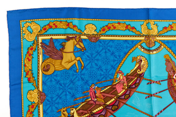 Hermes Silk Scarf Carre 90 "Les Bissone de Venise" Blue Silk Scarf B-(Color Faded) - Image 2