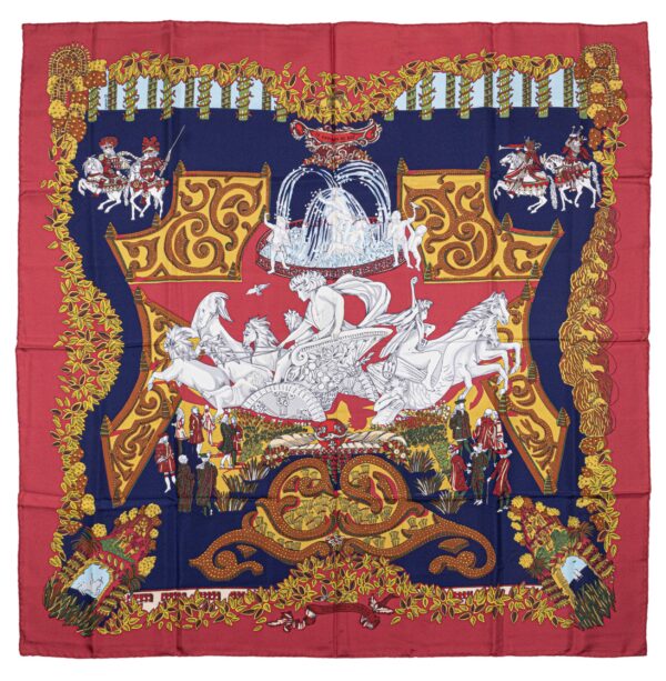 Hermes Scarf 90 "LE PARADIS DU ROY" Red 100% Silk Scarf 35"