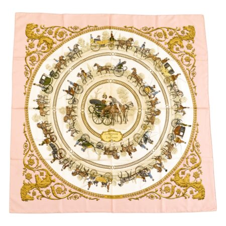 Hermes Silk Scarf Carre 90 "LA PROMENADE DE LONGCHAMPS" Pink Silk Scarf