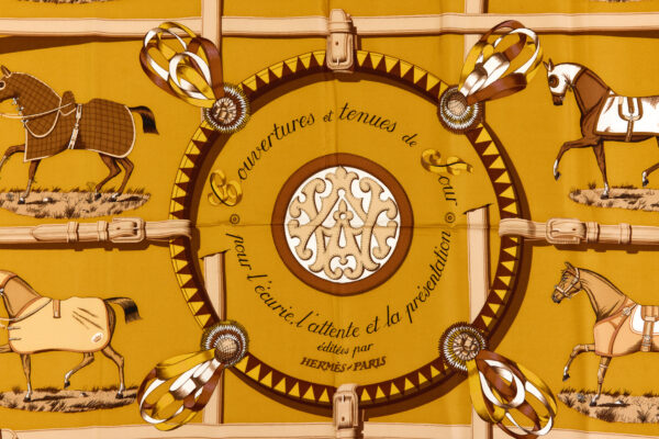 Hermes Silk Scarf Carre 90 "Couvertures et Tenues de Jour" Yellow Silk Scarf - Image 4