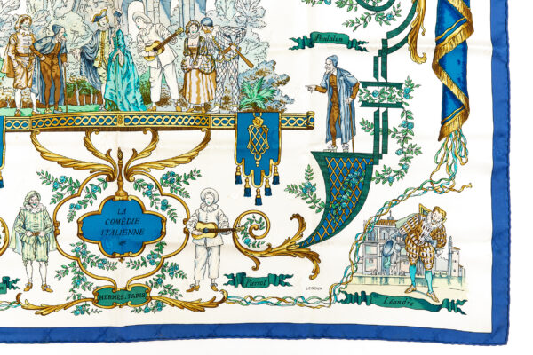 Rare Hermes Silk Scarf Carre 90 "LA COMEDIE ITALIENNE" Blue Silk Scarf - Image 6