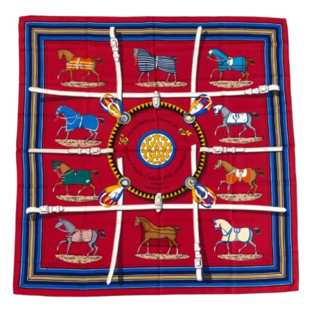 Hermes Silk Scarf Carre 90 "Couvertures et Tenues de Jour" Red Silk Scarf