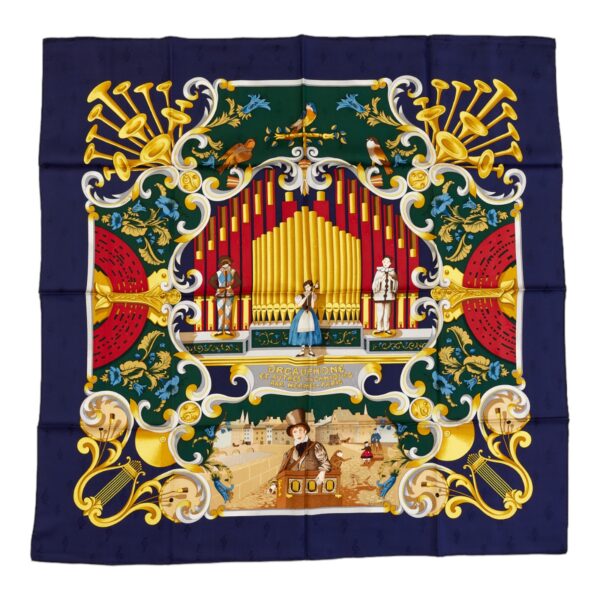 Hermes Silk Scarf Carre 90 "Orgauphone et Autres Mecaniques" Blue Silk Scarf
