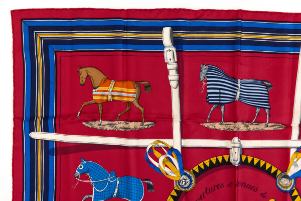 Hermes Silk Scarf Carre 90 "Couvertures et Tenues de Jour" Red Silk Scarf - Image 2