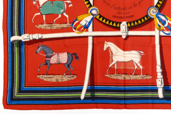 Hermes Silk Scarf Carre 90 "Couvertures et Tenues de Jour" Red Silk Scarf - Image 5