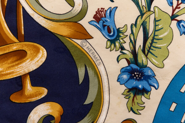 Hermes Silk Scarf Carre 90 "Orgauphone et Autres Mecaniques" Blue Silk Scarf - Image 7