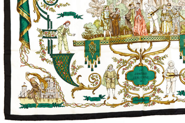 Hermes Silk Scarf Carre 90 "LA COMEDIE ITALIENNE" Green Silk Scarf - Image 5