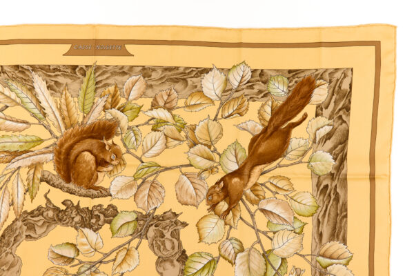 Hermes Silk Scarf Carre 90 "Casse Noisette Squirrel" Yellow Silk Scarf - Image 3