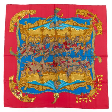 Hermes Silk Scarf Carre 90 "Tournez Manege" Red Silk Scarf