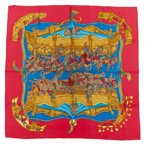 Hermes Silk Scarf Carre 90 "Tournez Manege" Red Silk Scarf