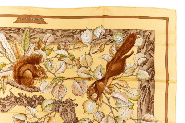 Hermes Silk Scarf Carre 90 "Casse Noisette Squirrel" Yellow Silk Scarf - Image 3