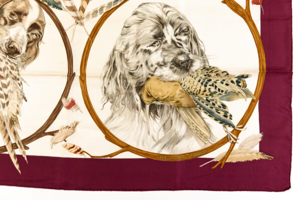 Hermes Silk Scarf Carre 90 "CHIENS AU RAPPORT" Purple Silk Scarf - Image 6