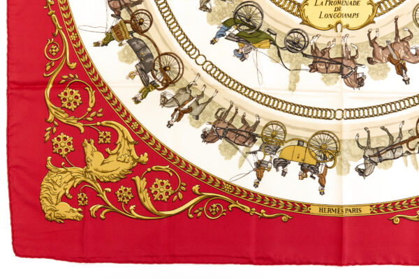Hermes Silk Scarf Carre 90 "LA PROMENADE DE LONGCHAMPS" Red Silk Scarf - Image 5
