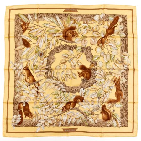 Hermes Silk Scarf Carre 90 "Casse Noisette Squirrel" Yellow Silk Scarf