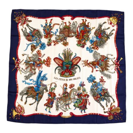 Hermes Silk Scarf Carre 90 "Les Fetes du Roi Soleil" Blue Silk Scarf
