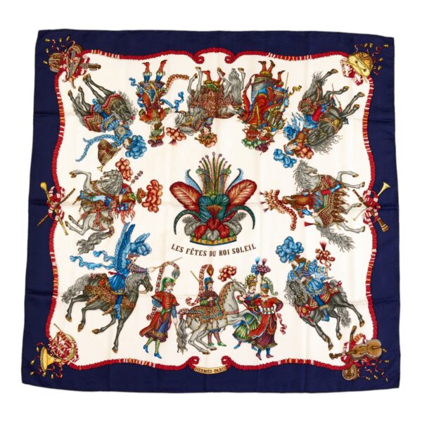 Hermes Silk Scarf Carre 90 "Les Fetes du Roi Soleil" Blue Silk Scarf