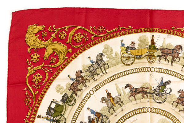 Hermes Silk Scarf Carre 90 "LA PROMENADE DE LONGCHAMPS" Red Silk Scarf - Image 2