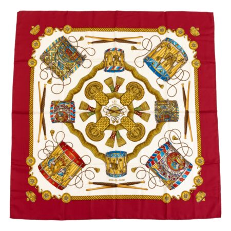 Hermes Silk Scarf Carre 90 "LES TAMBOURS" Red Silk Scarf