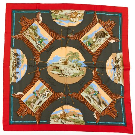 Hermes Silk Scarf Carre 90 "La Chasse en Afrique" Red Silk Scarf