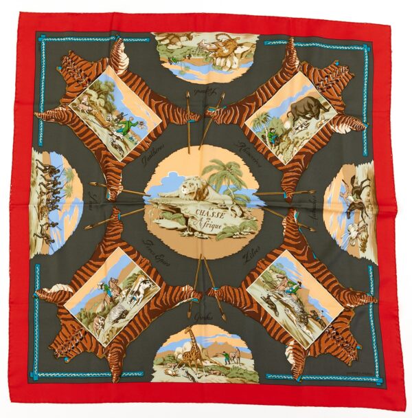 Hermes Silk Scarf Carre 90 "La Chasse en Afrique" Red Silk Scarf