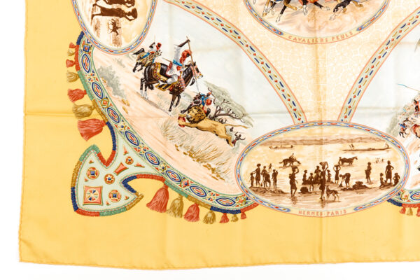 Hermes Silk Scarf Carre 90 "CAVALIERS PEULS" Yellow Silk Scarf - Image 5