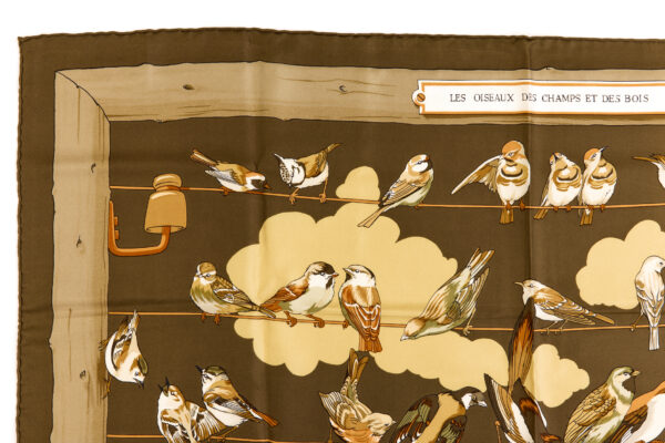 Hermes Silk Scarf Carre 90 "LES OISEAUX DES CHAMPS ET DES BOIS" Brown Silk Scarf - Image 2