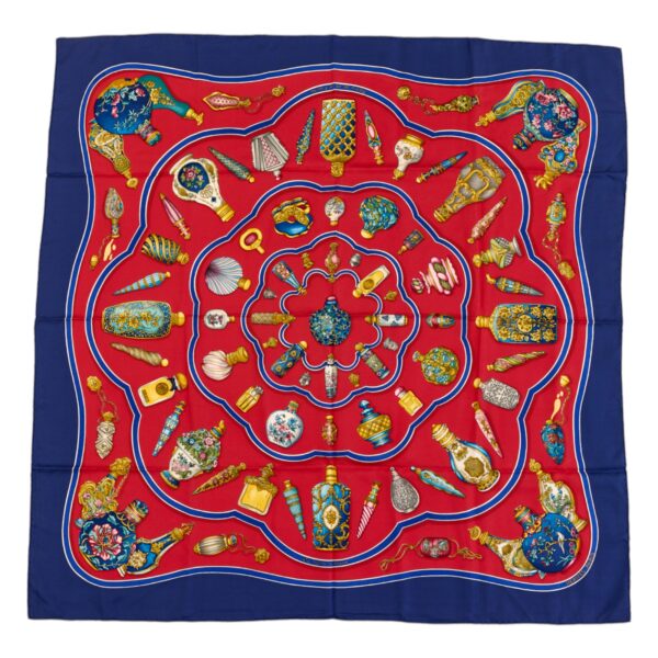 Hermes Silk Scarf Carre 90 "Qu'Importe Le Flacon" Blue Silk Scarf