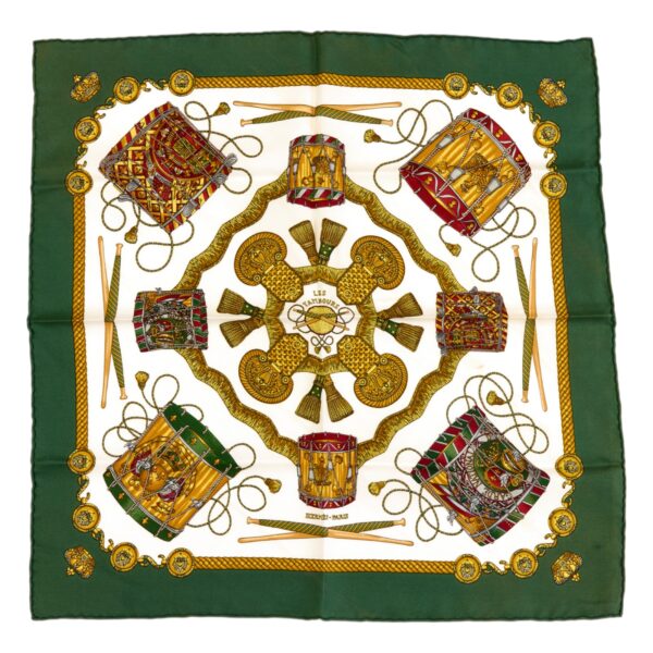 Hermes Silk Scarf Carre 45 "LES TAMBOURS" Grenn Silk Scarf