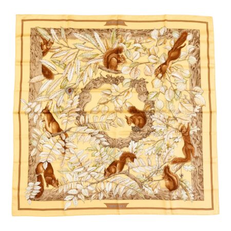 Hermes Silk Scarf Carre 90 "Casse Noisette Squirrel" Yellow Silk Scarf