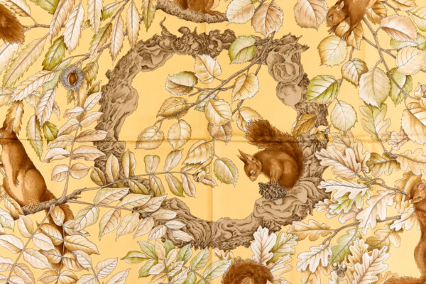 Hermes Silk Scarf Carre 90 "Casse Noisette Squirrel" Yellow Silk Scarf - Image 4