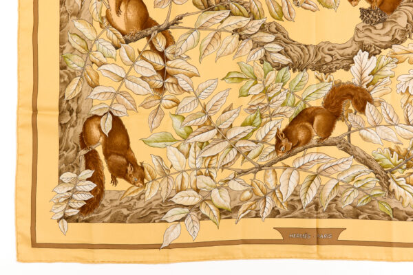 Hermes Silk Scarf Carre 90 "Casse Noisette Squirrel" Yellow Silk Scarf - Image 5