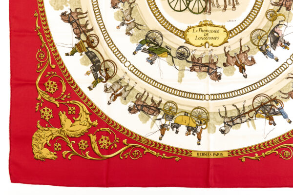 Hermes Silk Scarf Carre 90 "LA PROMENADE DE LONGCHAMPS" Red Silk Scarf - Image 5