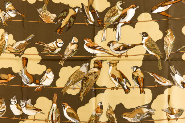 Hermes Silk Scarf Carre 90 "LES OISEAUX DES CHAMPS ET DES BOIS" Brown Silk Scarf - Image 4