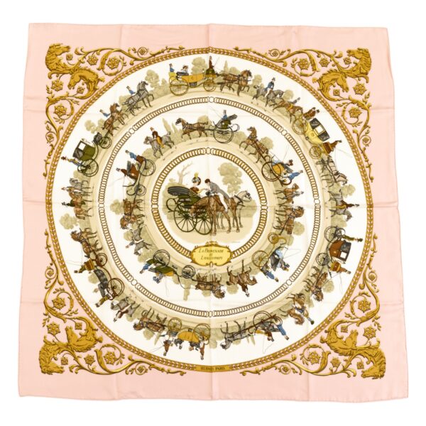 Hermes Silk Scarf Carre 90 "LA PROMENADE DE LONGCHAMPS" Pink Silk Scarf with Box - Image 2