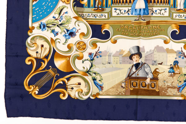 Hermes Silk Scarf Carre 90 "Orgauphone et Autres Mecaniques" Blue Silk Scarf - Image 5