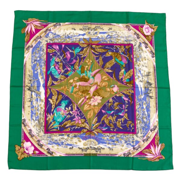 Hermes Silk Scarf Carre 90 "Tropiques" Green Silk Scarf