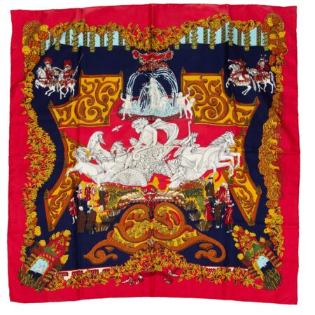 HERMES SCARF 90 "LE PARADIS DU ROY" Red, Multi Color 100% Silk Scarf 35", Carre