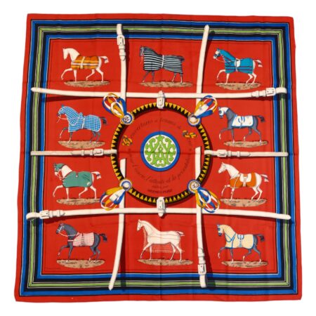 Hermes Silk Scarf Carre 90 "Couvertures et Tenues de Jour" Red Silk Scarf