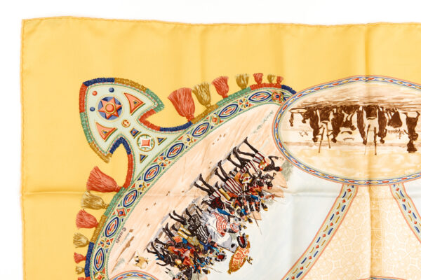 Hermes Silk Scarf Carre 90 "CAVALIERS PEULS" Yellow Silk Scarf - Image 2