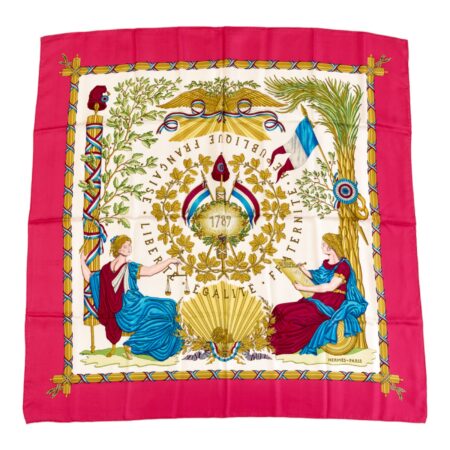 Hermes Silk Scarf Carre 90 "LIBERTE EGALITE FRATERNITE REPUBLIQUE FRANCAISE" Pink Silk Scarf